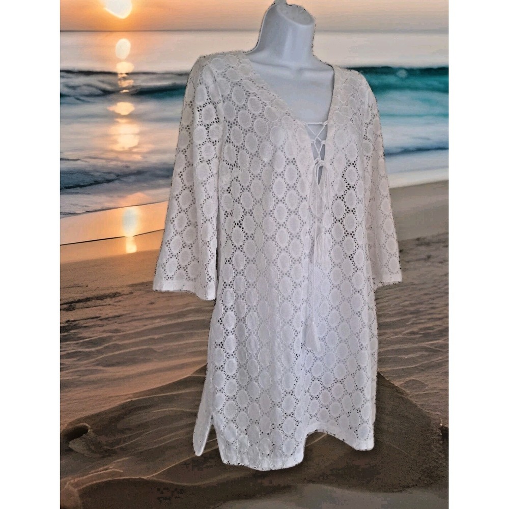 Kona Sol Swim Cover Up M White Crochet Tasseled Lace Up V-Neck Boho Beach Breezy